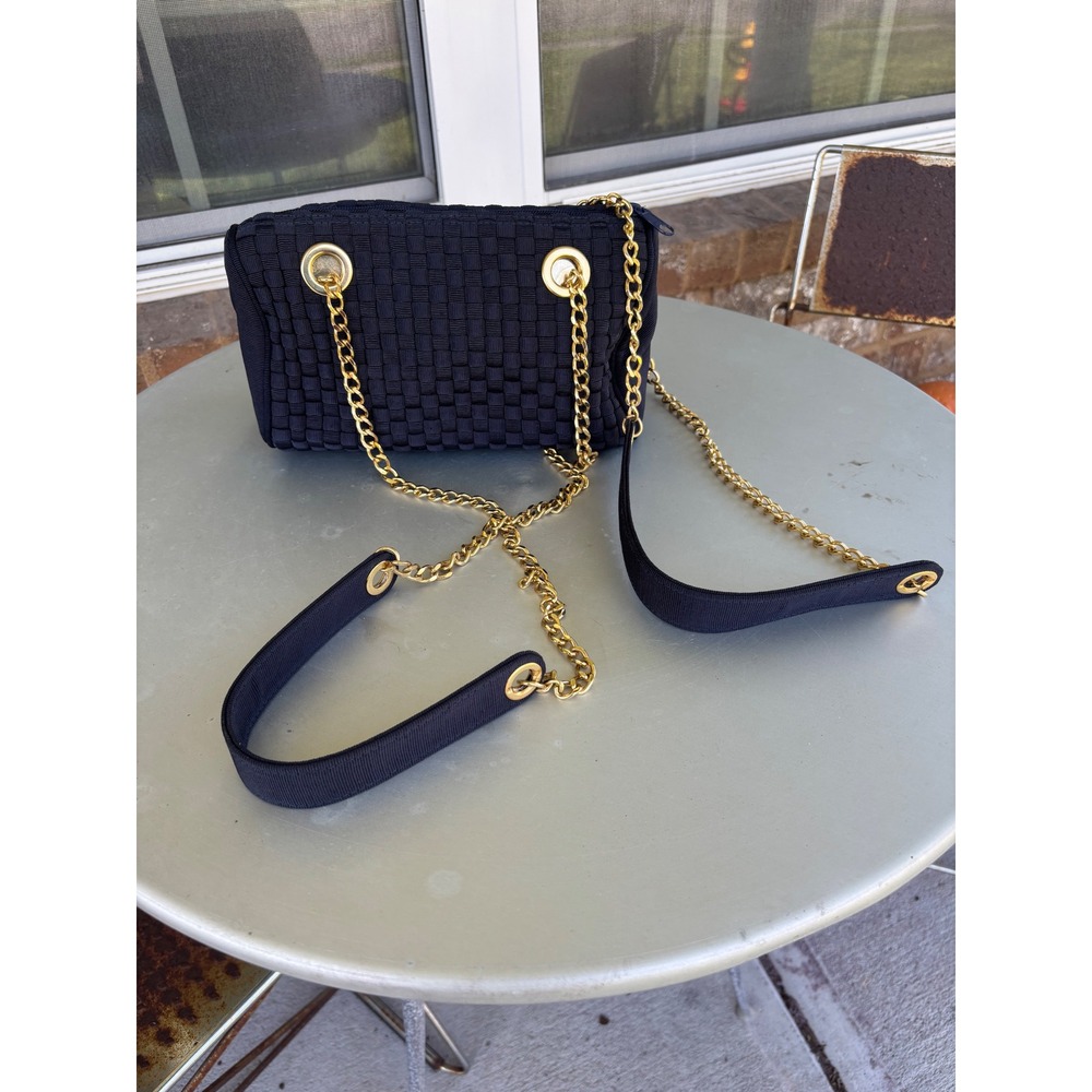 Inge Christopher Navy Blue Woven Ribbon Shoulder Bag Gold Chain Strap